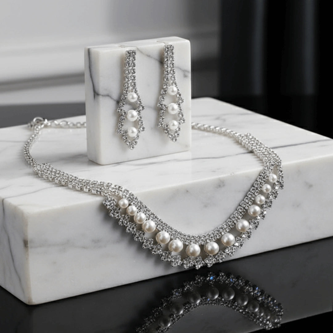 Conjunto Zynelle Noiva Banhada Prata: Colar & Brincos Strass Cristal de Luxo