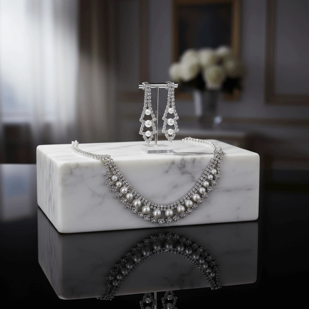 Conjunto Zynelle Noiva Banhada Prata: Colar & Brincos Strass Cristal de Luxo