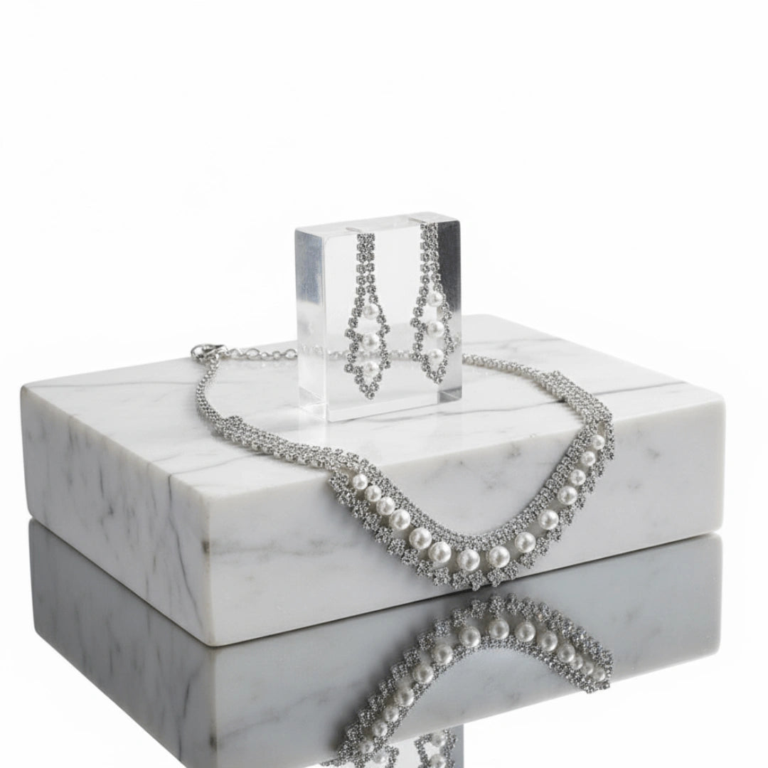 Conjunto Zynelle Noiva Banhada Prata: Colar & Brincos Strass Cristal de Luxo